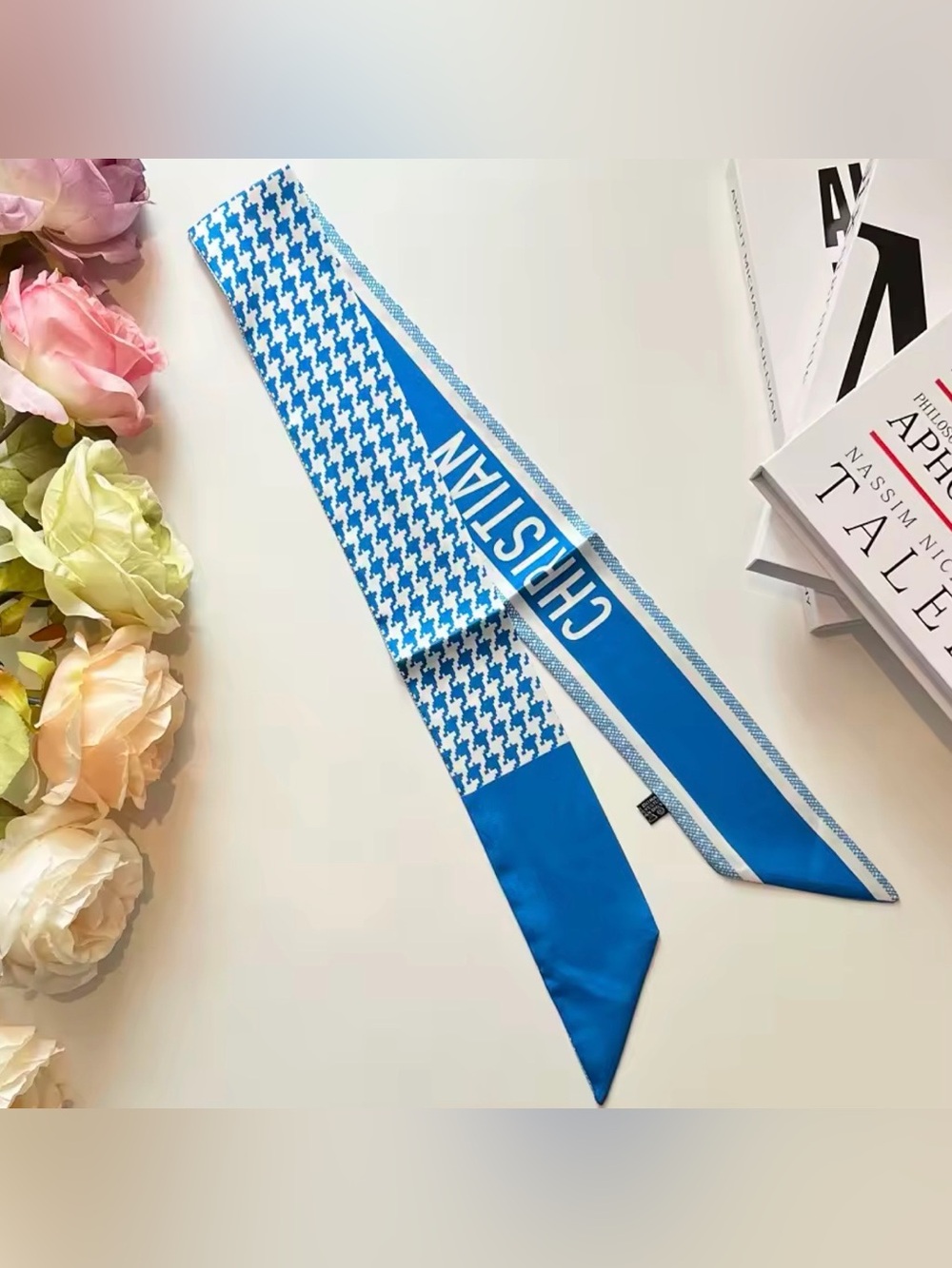 Others Follow Blue Houndstooth Twilly Scarf with Logo